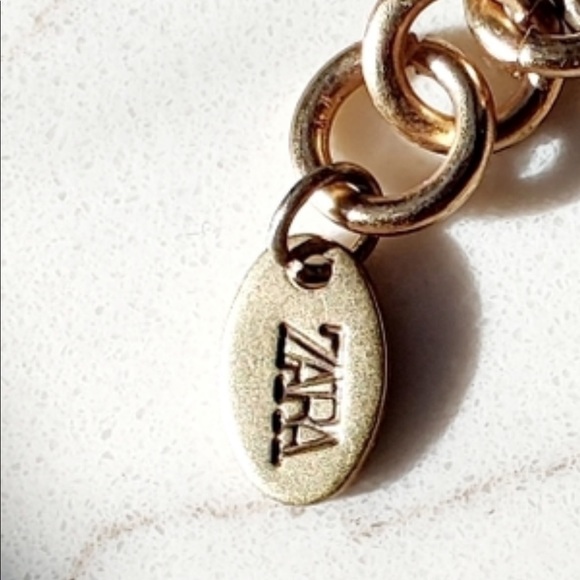 Zara Medal Teal & Gold Chain Chocker Necklace Stone Lines Coin Charm Zara Logo - Picture 12 of 16
